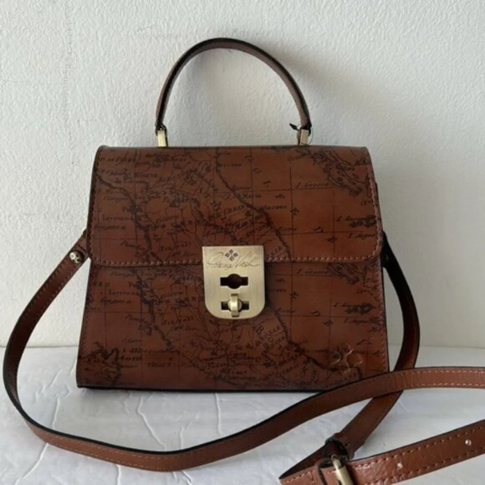 Patricia Nash Chauny Riot Rust Map Print Leather Crossbody Handbag Top Handle e